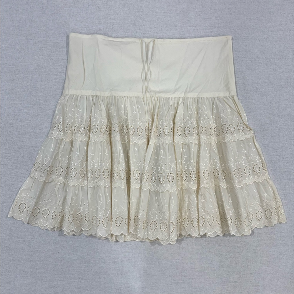 Lucky Brand Cream Eyelet Tiered Skater Mini Skirt Womens M